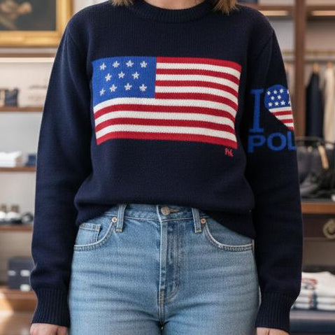 Luxury  Blue Knit Pullover  with Classic American Flag Design