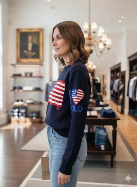 Luxury  Blue Knit Pullover  with Classic American Flag Design
