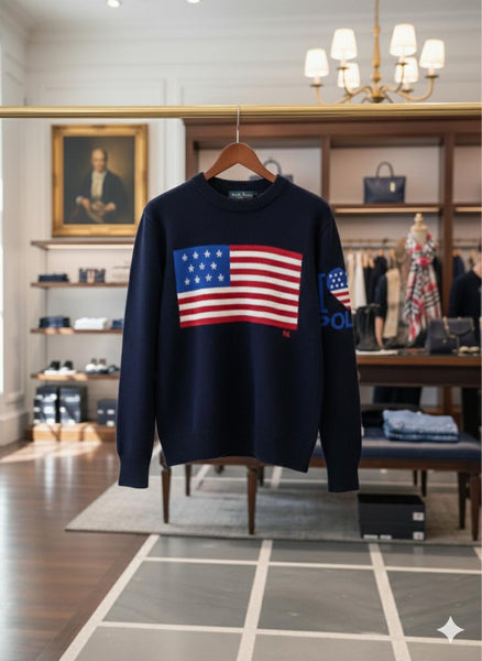 Luxury  Blue Knit Pullover  with Classic American Flag Design