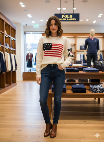 White Knit Sweater with Classic American Flag Design