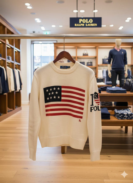 White Knit Sweater with Classic American Flag Design