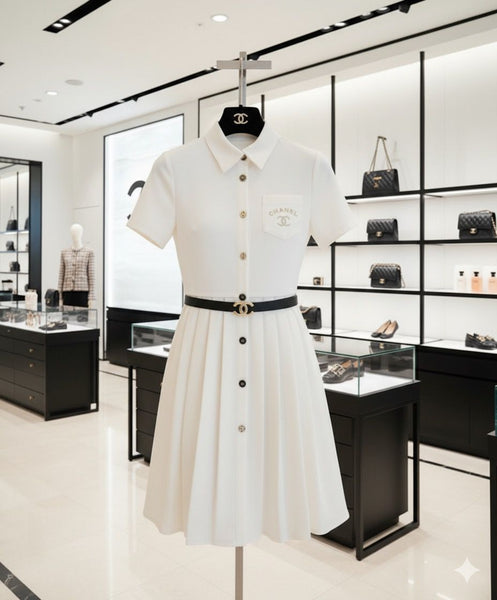 Elegant White Button-Down Pleated Shirt Dress with Logo Belt