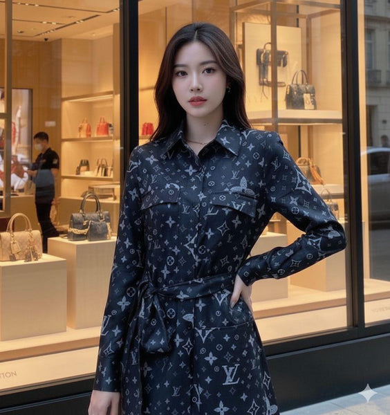 Luxury Monogram Print Long Sleeve Shirt Dress with Belt