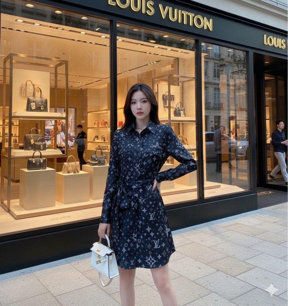 Luxury Monogram Print Long Sleeve Shirt Dress with Belt