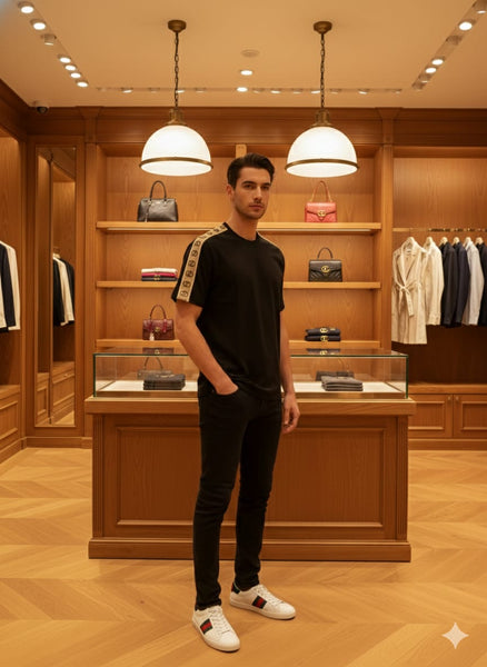 Premium  GG Interlocking Stripe Cream/Black Drop Shoulder  T-Shirt