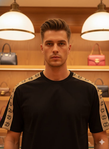 Premium  GG Interlocking Stripe Cream/Black Drop Shoulder  T-Shirt