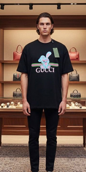 Premium Cute Rabbit Printed Black Drop Shoulder T-shirt