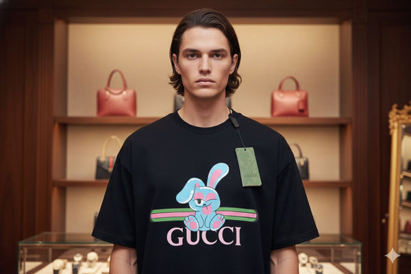 Premium Cute Rabbit Printed Black Drop Shoulder T-shirt