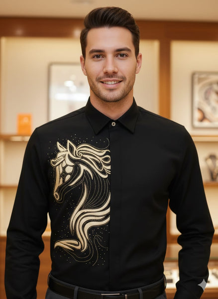 Premium Swarovski Work  Casual Shirt Elegant Horse Design