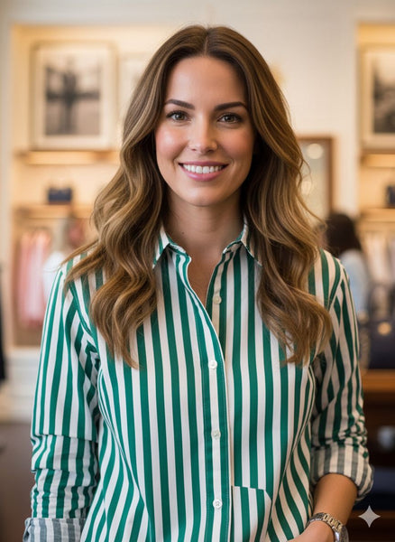 Women’s Green & White Vertical Striped Cotton Shirt  Classic Fit