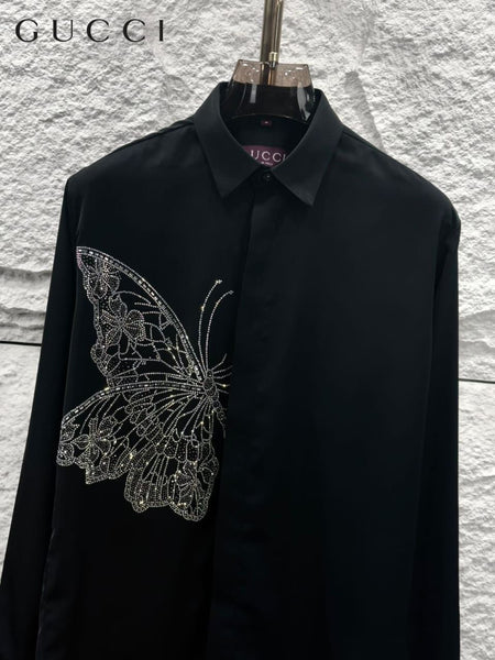 Elegant Black Shirt with Butterfly Embellishment