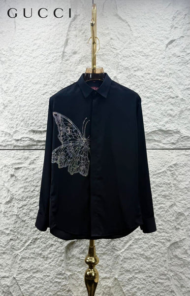 Elegant Black Shirt with Butterfly Embellishment