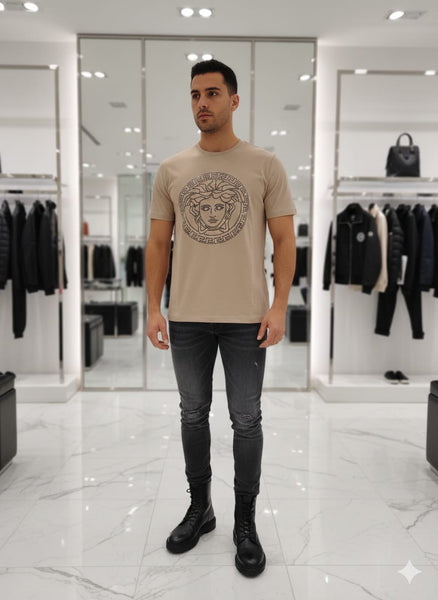 Premium Luxury Beige Graphic T-Shirt – High-End Minimal Emblem Design