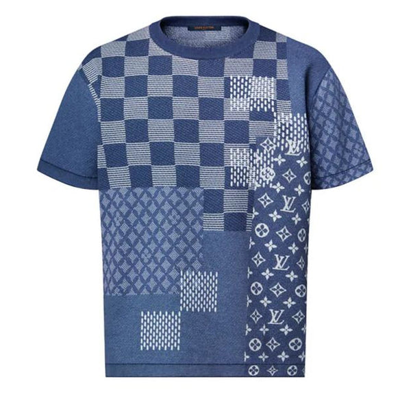 Luxury Blue Patchwork Knit Tee  Signature Monogram Edition