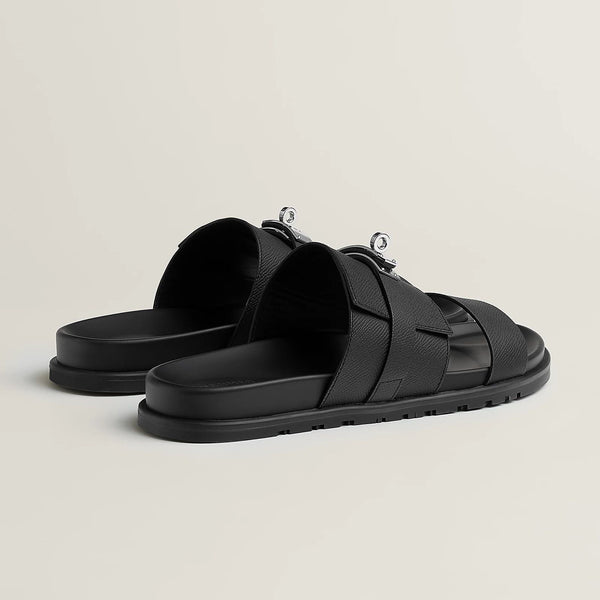 Premium Black Leather Slip-On Slides with Signature Lock Detail