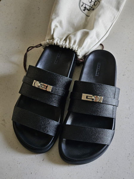 Premium Black Leather Slip-On Slides with Signature Lock Detail