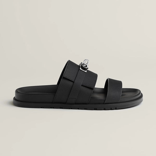 Premium Black Leather Slip-On Slides with Signature Lock Detail