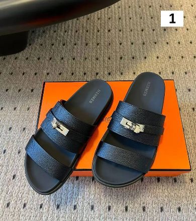 Premium Black Leather Slip-On Slides with Signature Lock Detail