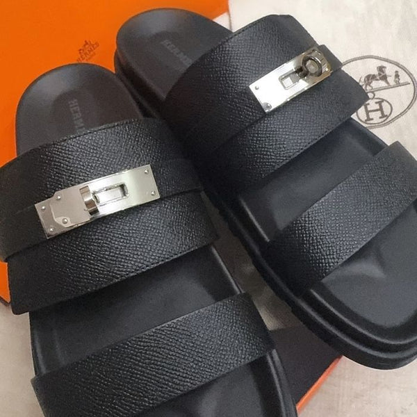 Premium Black Leather Slip-On Slides with Signature Lock Detail