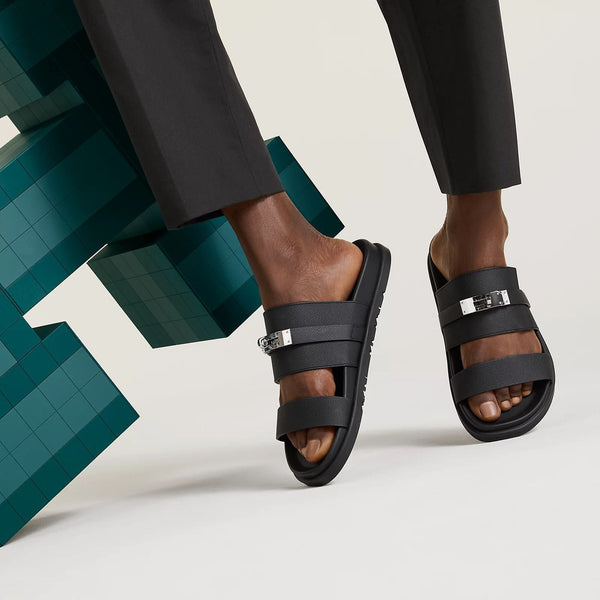 Premium Black Leather Slip-On Slides with Signature Lock Detail