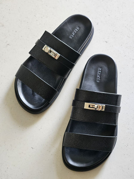 Premium Black Leather Slip-On Slides with Signature Lock Detail