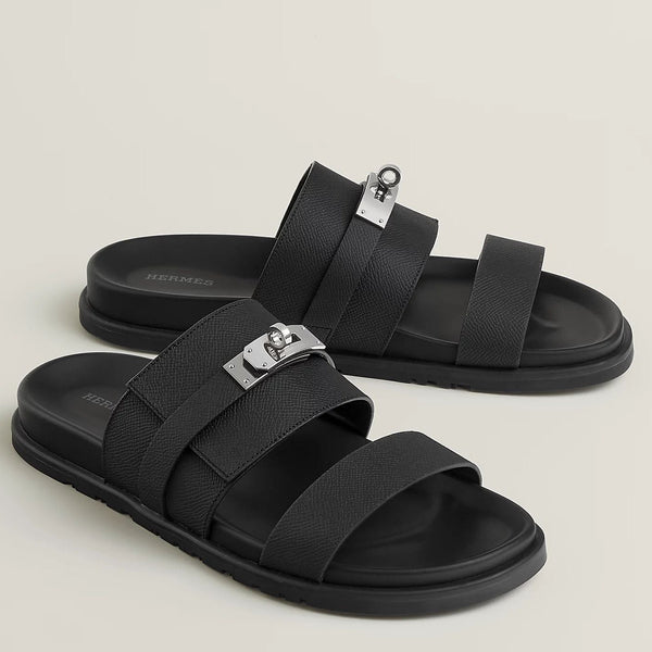 Premium Black Leather Slip-On Slides with Signature Lock Detail