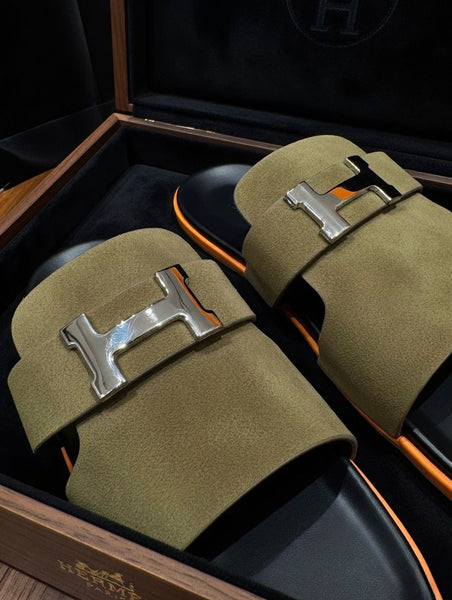 Luxury Olive Suede Slides Premium Designer Comfort Sandals