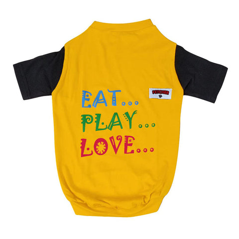 Yellow 'Eat. Play. Love.' Premium Dog T-Shirt With Sleeves for Small Breeds