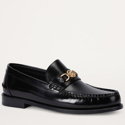 Luxury Black Leather Shoes with Gold Emblem