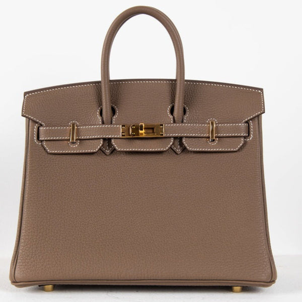 Elegant Taupe Leather Structured Handbag with Gold-Tone Hardware