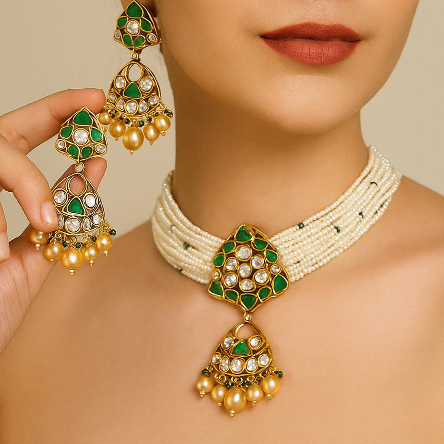 Elegant Kundan & Pearl Choker Necklace Set with Green Enamel Detailing