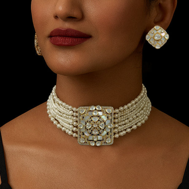 Royal Kundan & Pearl Choker Necklace Set with Square Motif