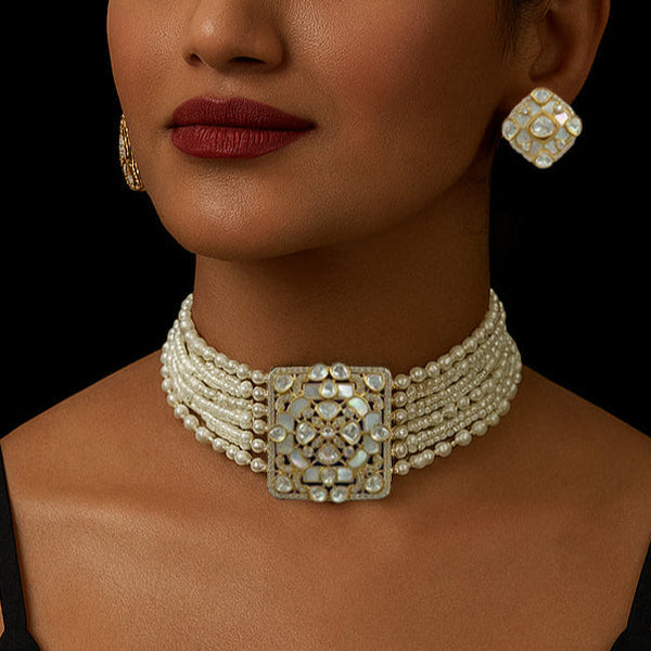 Royal Kundan & Pearl Choker Necklace Set with Square Motif