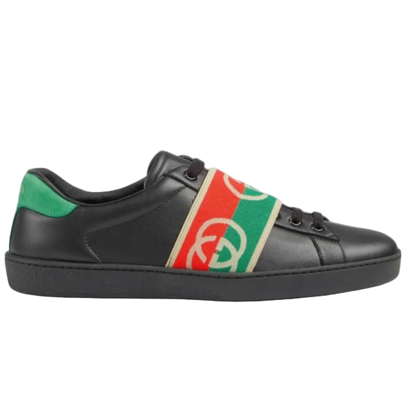 Luxury  Black Leather Ace Web Low Top Sneakers