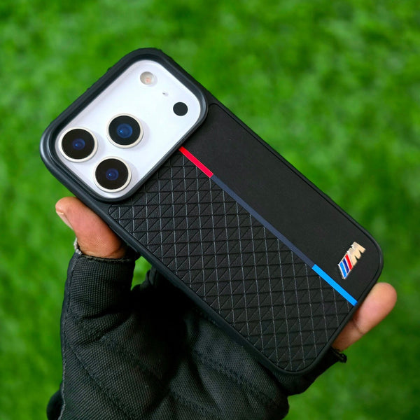BMW Tricolor Stripe Metal Logo Case For iPhone 17 Series Premium Leather Grip & Sleek Protection Case