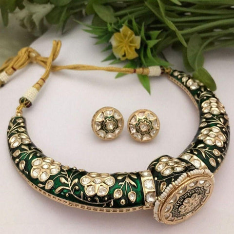 Elegant Golden Polish Traditional Meenakari Kundan Jadau Polki Hasli, Necklace with Earrings Set