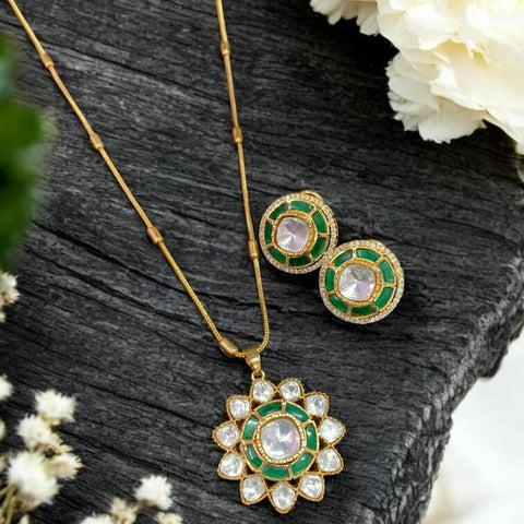 Elegant Kundan Green Floral Pendant Set with Earrings  Traditional Gold Finish Jewelry