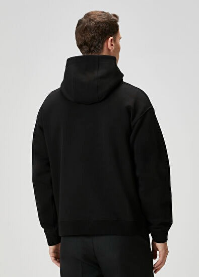 Black Hooded Logo Embroidered Sweatshirt