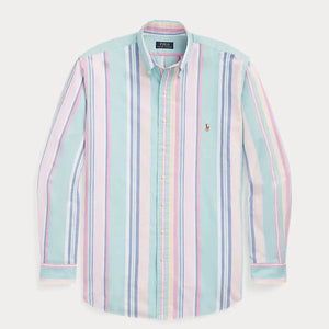 Striped shirt with a brand logo on a light gray background