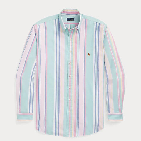 Striped shirt with a brand logo on a light gray background