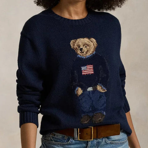 Navy Blue Knit Sweater with Embroidered Bear Design