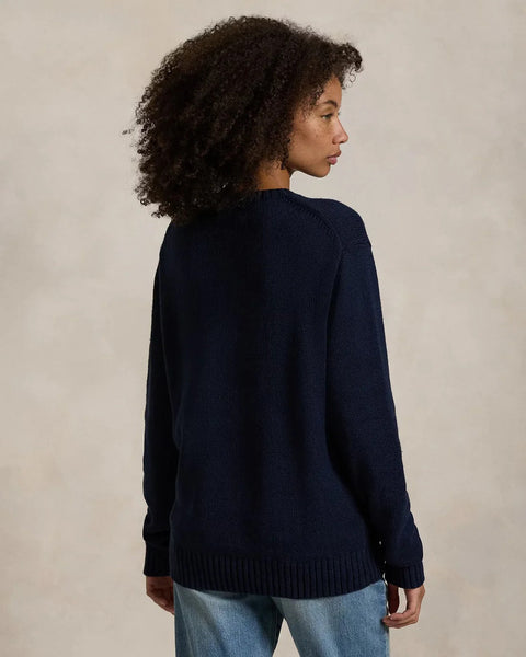 Navy Blue Knit Sweater with Embroidered Bear Design