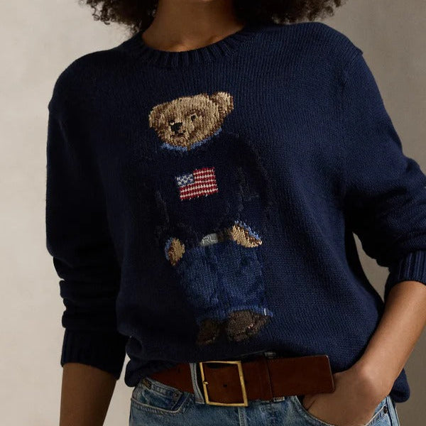 Navy Blue Knit Sweater with Embroidered Bear Design