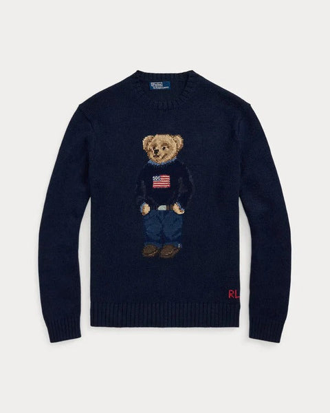 Navy Blue Knit Sweater with Embroidered Bear Design
