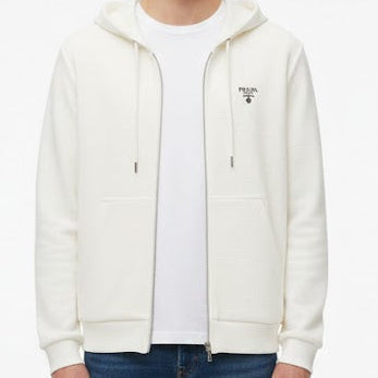 Luxury White Textured Zip-Up Hoodie