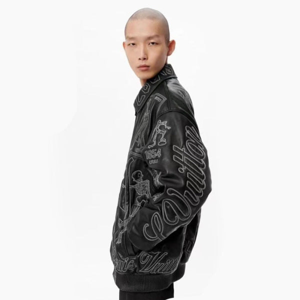 Branded Embroidered Leather Bomber BLACK