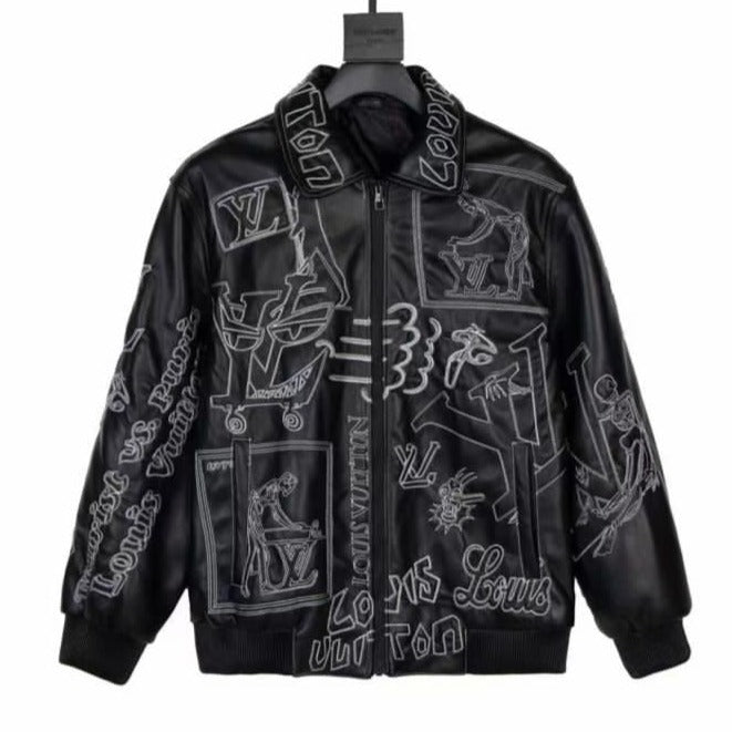 Branded Embroidered Leather Bomber BLACK