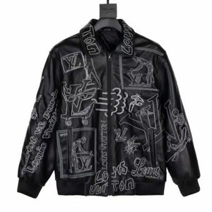 Branded Embroidered Leather Bomber BLACK
