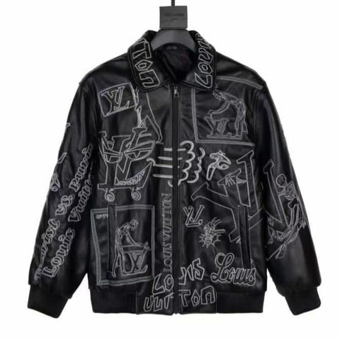Branded Embroidered Leather Bomber BLACK