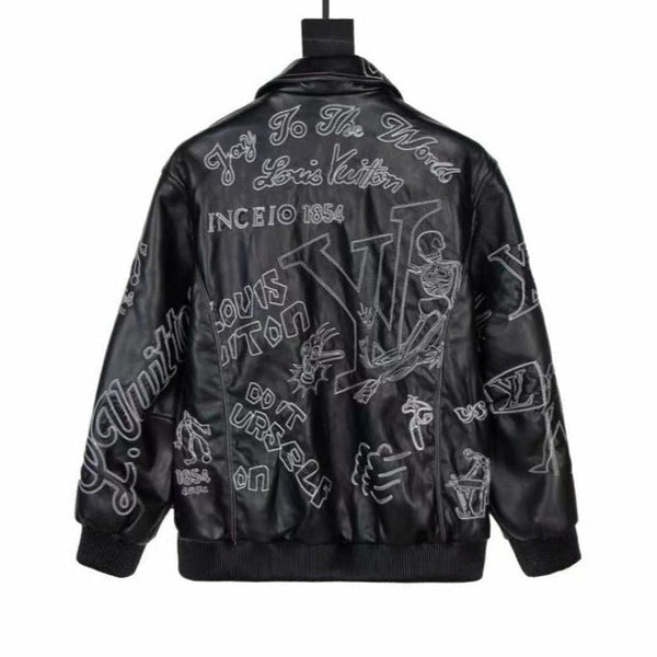 Branded Embroidered Leather Bomber BLACK